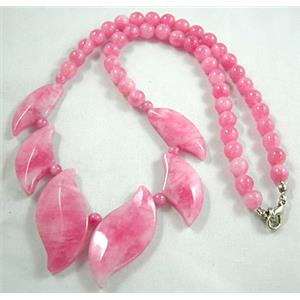 Jade Necklace, leaf, pink, 16 inch long, 16 inchlength, big leaf:17x35mm, round bead:6mm
