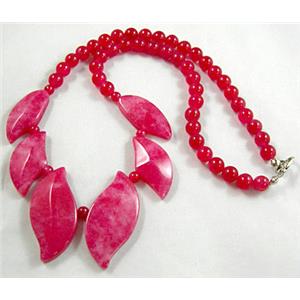 Jade Necklace, leaf, ruby red, 16 inch, 16 inchlength, big leaf:17x35mm, round bead:6mm