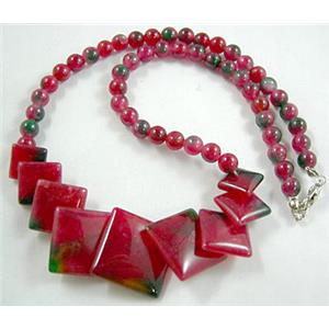 Jade Necklace, square, hot red, 16 inch long, 16 inchlength, big square:21mm, round beads:6mm dia
