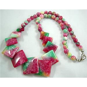 Jade Necklace, Square, Multi color, 16 inch, 16 inchlength, big square:21mm, round beads:6mm dia