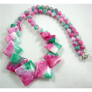 Jade Necklace, square, pink/green, 16 inch, 16 inchlength, big square:21mm, round beads:6mm dia
