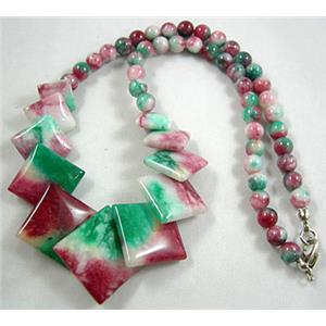 Jade Necklace, Square, Multi color, 16 inch, 16 inchlength, big square:21mm, round beads:6mm dia