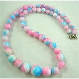 Jade Necklace, Round, pink/blue, 16 inch, 6-14mm dia,16 inchlength