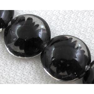 lampwork glass beads, flat-round, swirl line, black, 20mm dia, 20pcs per st