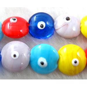  lampwork glass beads with evil eye, flat-round, mixed color, 16mm dia, 25pcs per st
