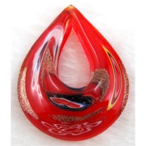 murano style glass lampwork pendant, teardrop, red, 38x50mm