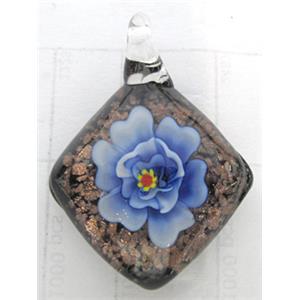 murano style lampwork glass pendant with goldsand, square, blue flower, 30x30mm