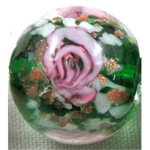 lampwork glass beads, flower, round, green, 12mm dia, 33pcs per st