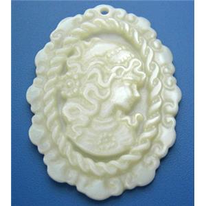 Mother of Pearl pendant, oval, carved beauty, white, 32x42mm,4mm thick