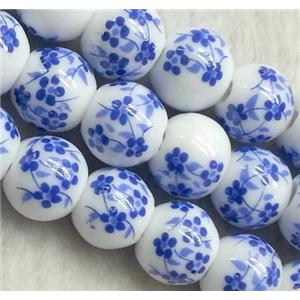 blue and white porcelain bead, round, approx 10mm dia, 40pcs per st