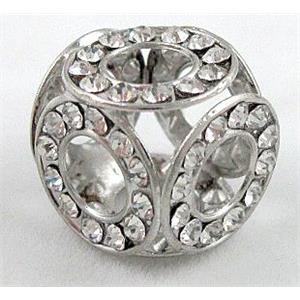 Copper Cube Beads With Rhinestone Platinum Plated, 12x12x12mm, 6mm hole