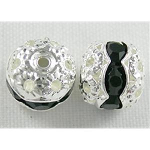 Rhinestone, copper round bead, silver plated, black, 8mm dia