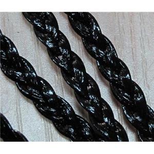 PU leather cord, braided, flat, black, approx 6mm wide