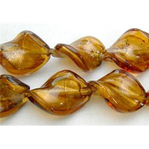 deep Golden Handmade Twist Silver Foil Glass Bead, 15x20mm, 20beads per st.
