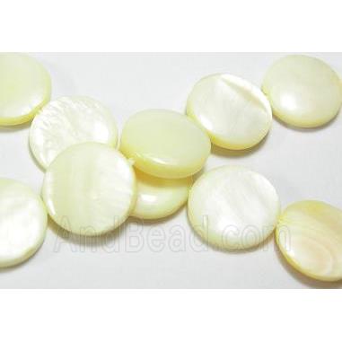 15.5 inches string of freshwater shell beads, flat-round, lt.yellow