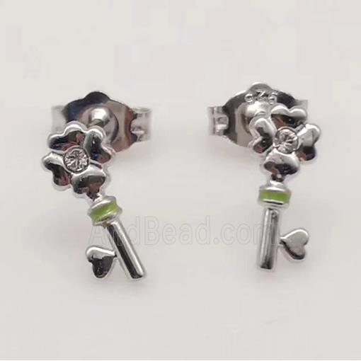 sterling silver Earring studs, key charm, enamel