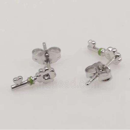 sterling silver Earring studs, key charm, enamel