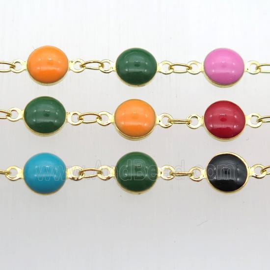 Porcelain Glass Chain, circle, gold plated, mix color