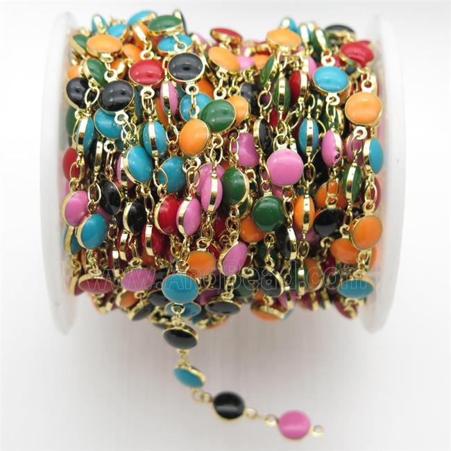 Porcelain Glass Chain, circle, gold plated, mix color