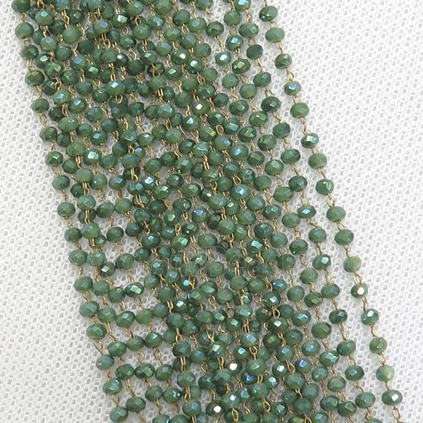 raw brass chain with green-ab crystal glass