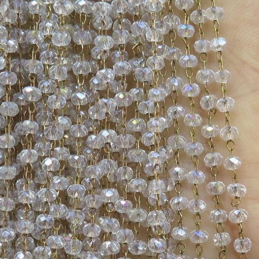 raw brass chain with crystal glass, clear AB-color