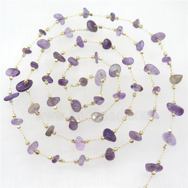 purple Amethyst chips beads chain, gold plated