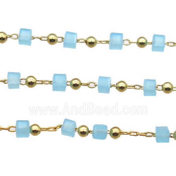 copper chain with blue crystal glass cube beads, gold plated