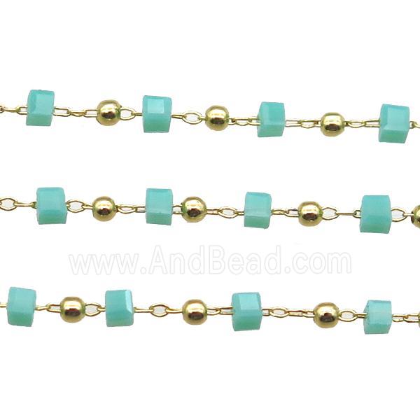 copper chain with green crystal glass cube beads, gold plated