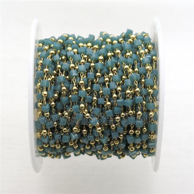 copper chain with green crystal glass cube beads, gold plated