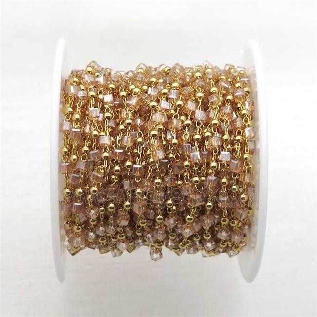 copper chain with crystal glass cube beads, gold plated