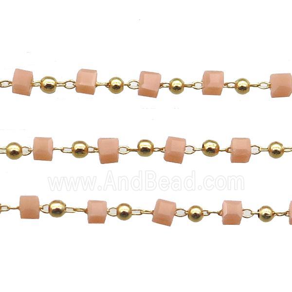 copper chain with peach crystal glass cube beads, gold plated