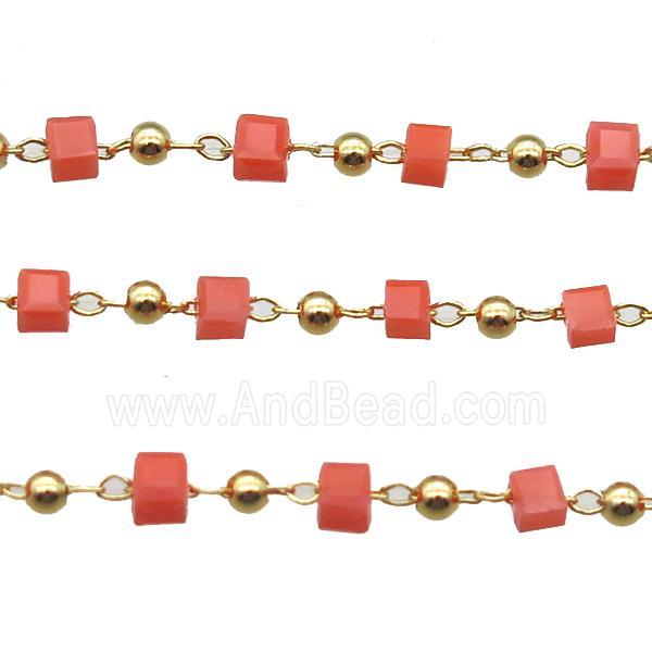 copper chain with red crystal glass cube beads, gold plated