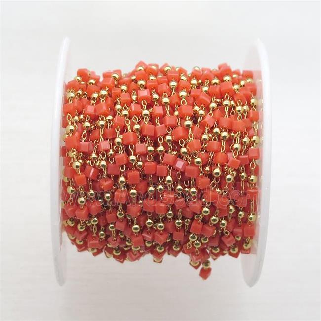 copper chain with red crystal glass cube beads, gold plated