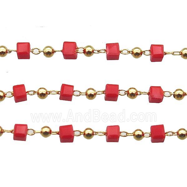 copper chain with red crystal glass cube beads, gold plated