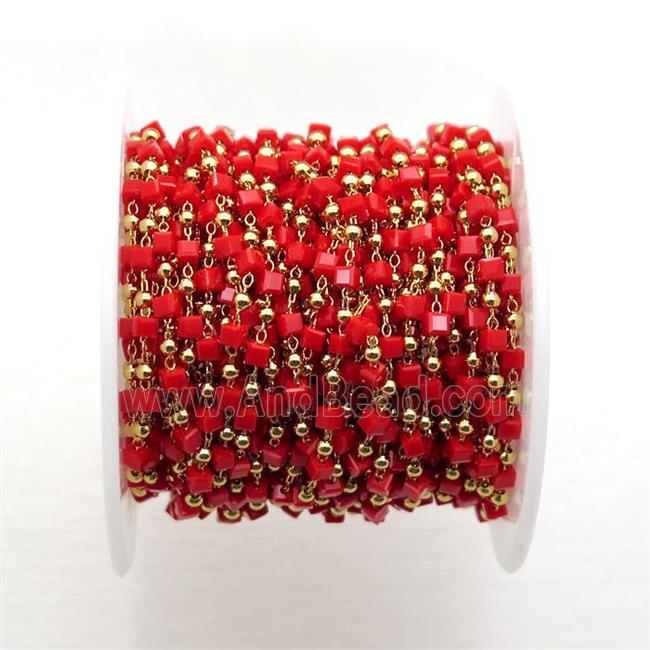 copper chain with red crystal glass cube beads, gold plated