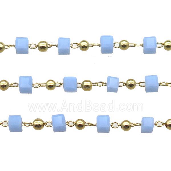 copper chain with blue crystal glass cube beads, gold plated
