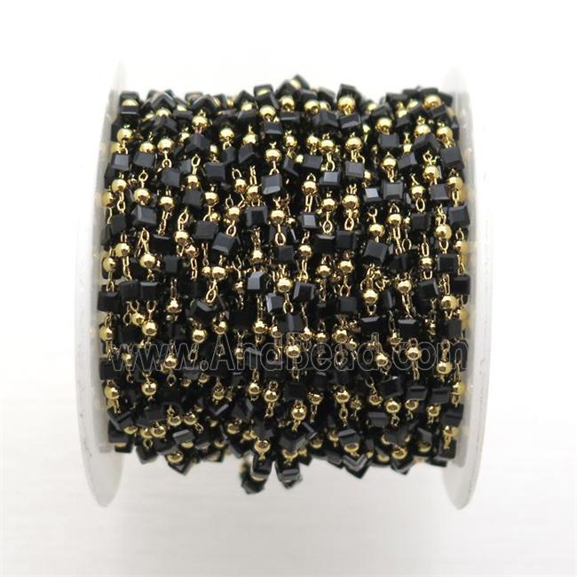 copper chain with black crystal glass cube beads, gold plated