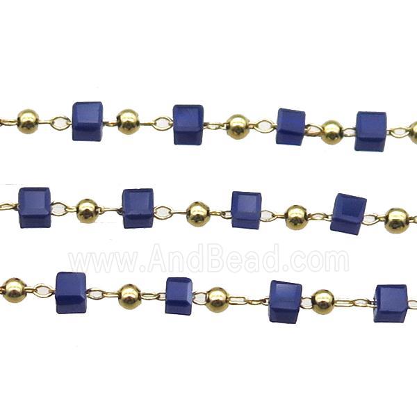 copper chain with blue crystal glass cube beads, gold plated