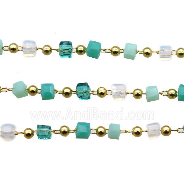 copper chain with crystal glass cube beads, gold plated