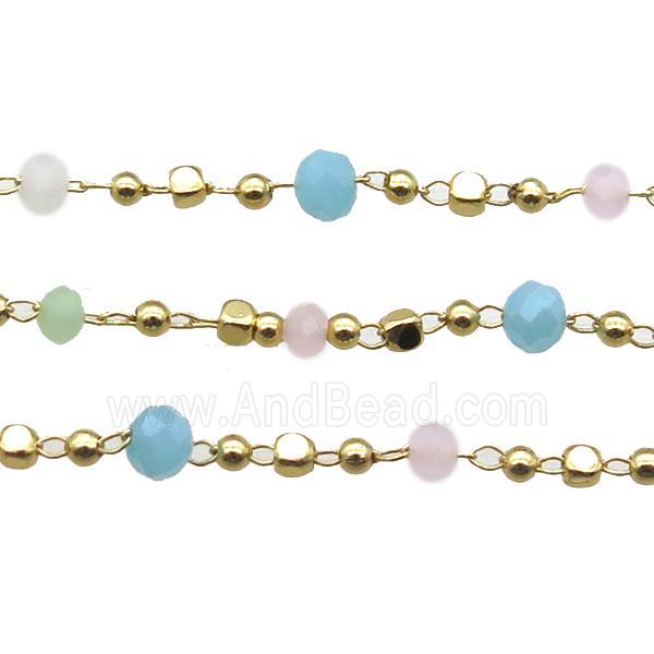 copper chain with crystal glass bead, faceted rondelle, gold plated