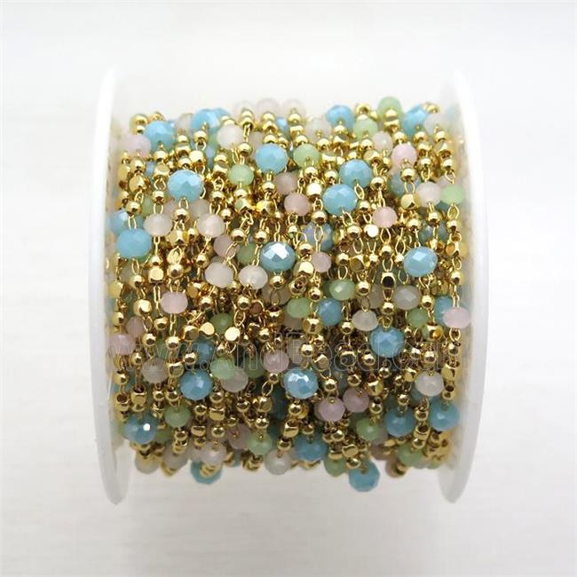 copper chain with crystal glass bead, faceted rondelle, gold plated