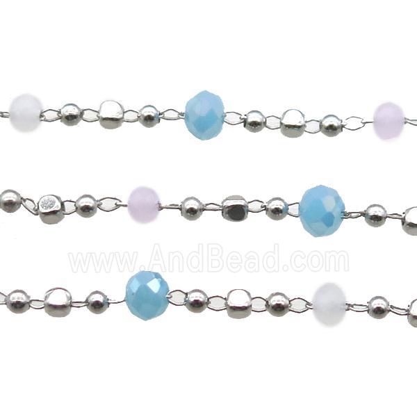 copper chain with crystal glass bead, faceted rondelle, platinum