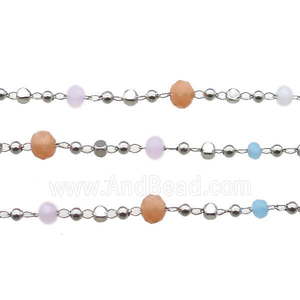 copper chain with crystal glass bead, faceted rondelle, platinum