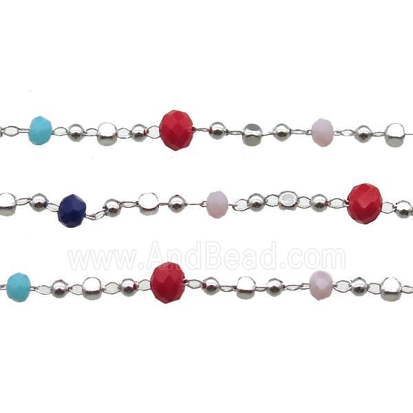 copper chain with crystal glass bead, faceted rondelle, platinum