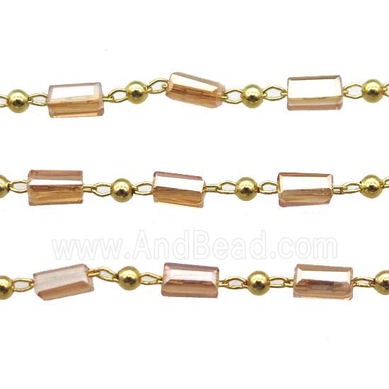 copper chain with champagne crystal glass beads, tube, gold plated