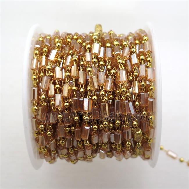 copper chain with champagne crystal glass beads, tube, gold plated