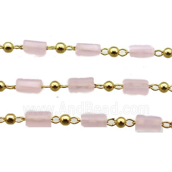 copper chain with pink crystal glass beads, tube, gold plated