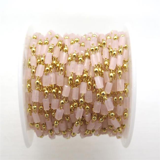 copper chain with pink crystal glass beads, tube, gold plated