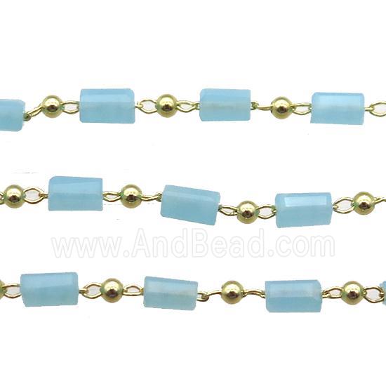 copper chain with blue crystal glass beads, tube, gold plated