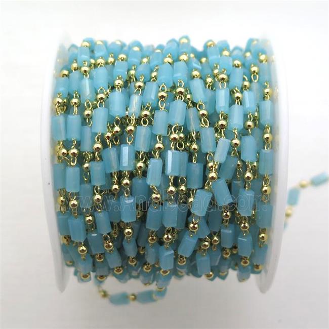 copper chain with blue crystal glass beads, tube, gold plated